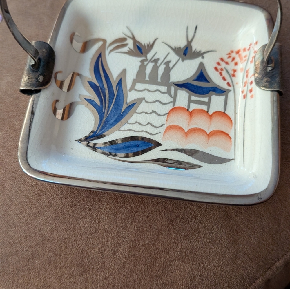 Decorative Ceramic Tray with Blue and Orange Design